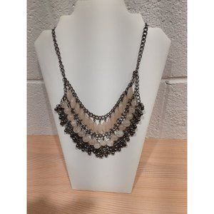3 Tier Bib Necklace Pale Pink Faceted Beads Gun Metal Chain Adjustable Length